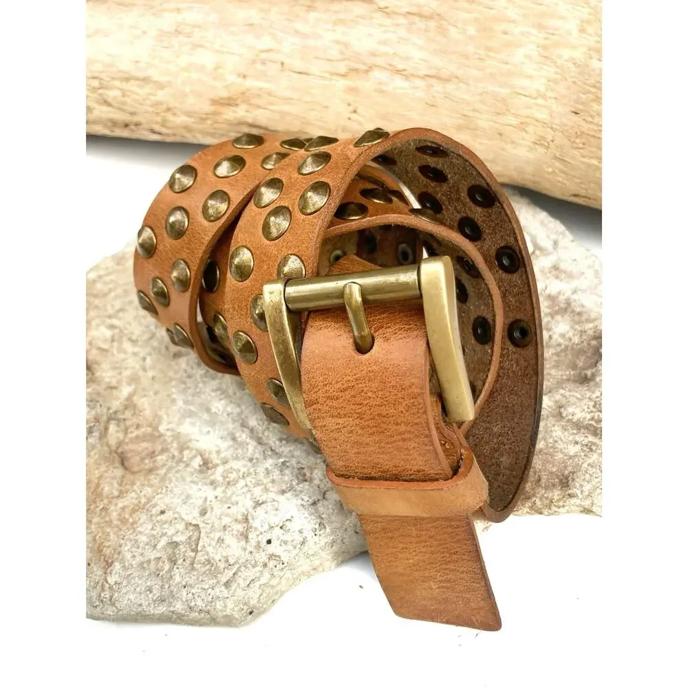 Vintage Nine West Cognac Leather Studded Belt Y2K Unisex Brass Punk Moto Western